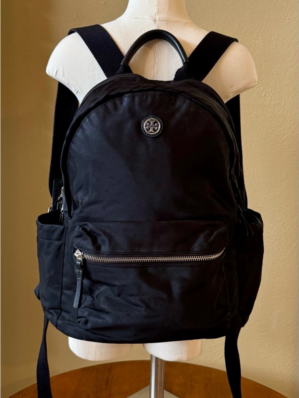Tory Burch Black Nylon Backpack with Silver Hardware